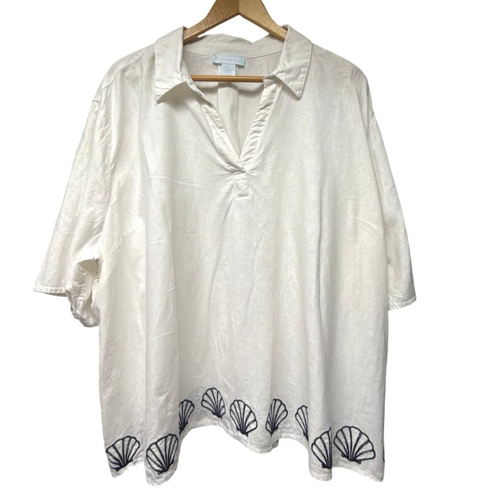 Cynthia Rowley Plus 3X White Linen Blend Shirt Blue Shell Embroidered Coastal